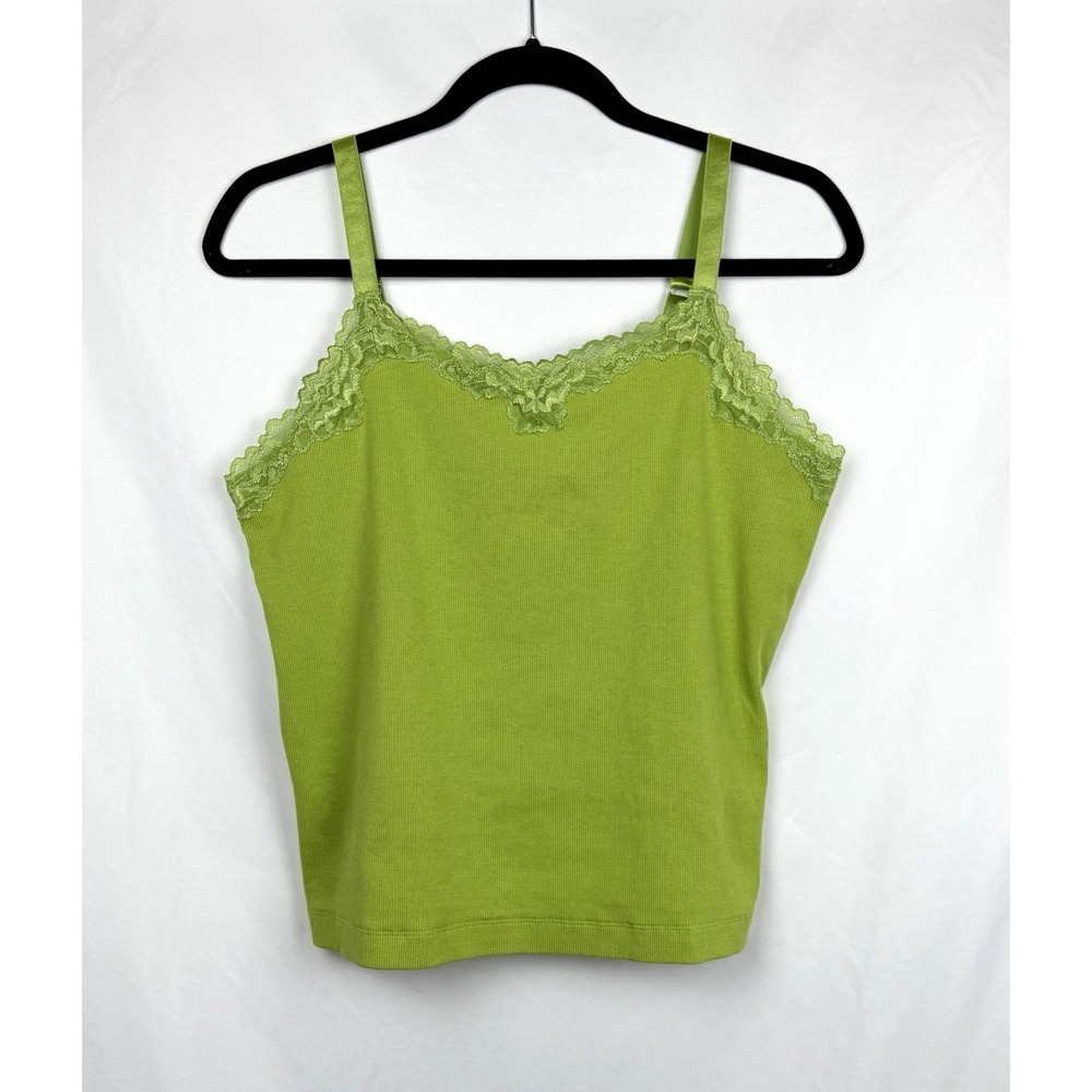 Chicos Green Lace Trim Cami Tank Top Size 2 XL Y2K Ribbed Cotton Stretch Straps